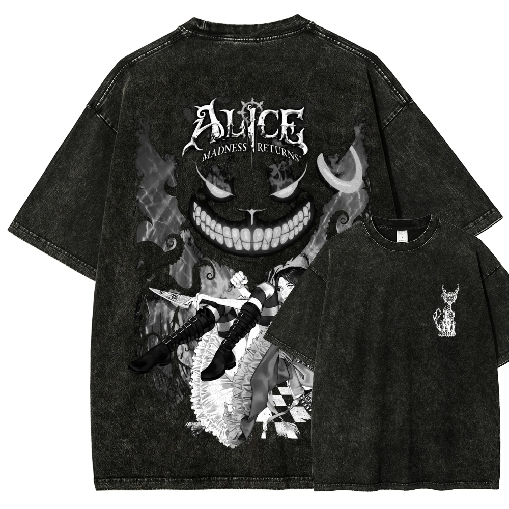 Alice im Wunderland Anime-Grafik-T-Shirt Vintage-Washed Anime-Merch Harajuku Unisex Oversized Rundhals Baumwolle Kurzarm-T-Shirt – Detail 2