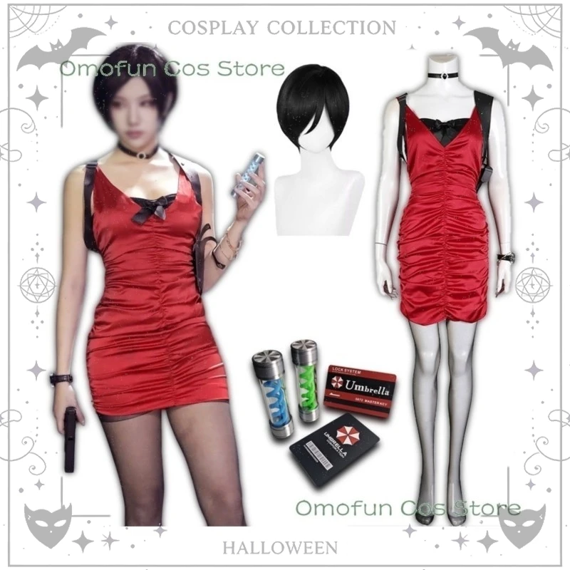 Resident 2 4 Evil Ada Wong Rotes Kleid – Sexy Halloween-Cosplay-Outfit mit Requisiten, komplettes Set für Erwachsene für Frauen