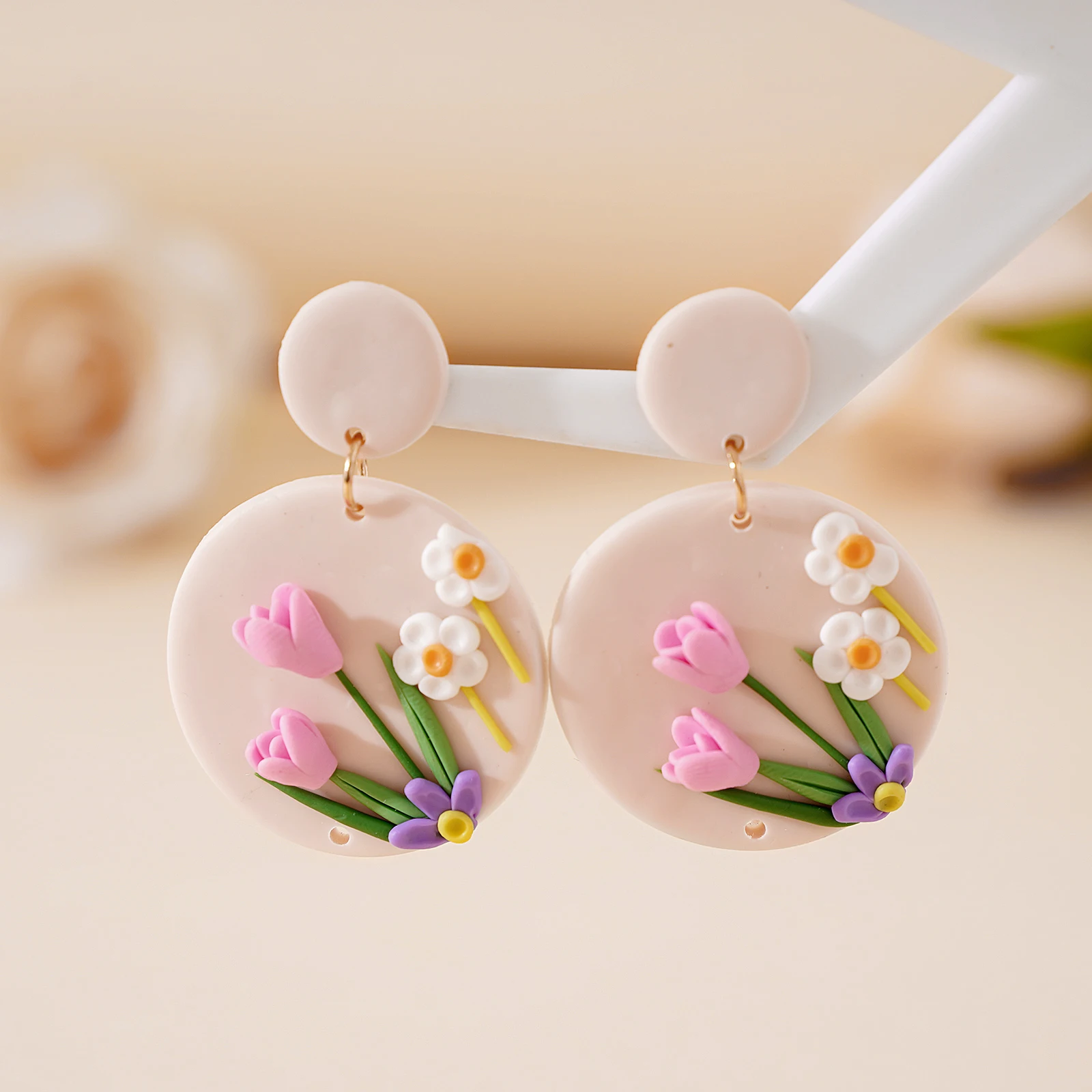 Vintage Artsy Colorful 3D Flower Polymer Clay Earrings Handmade Geometric round Floral Dangle Unique Gift for Spring Summer