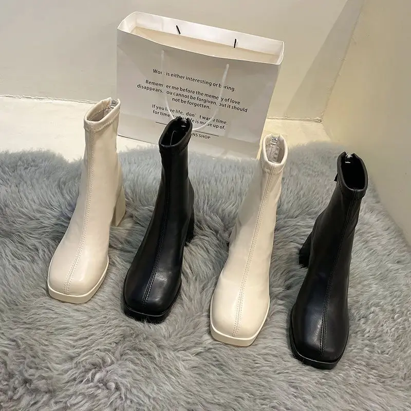 Short boots for women 2025 new spring and autumn single boots round toe high rise thick high-heeled boots for women