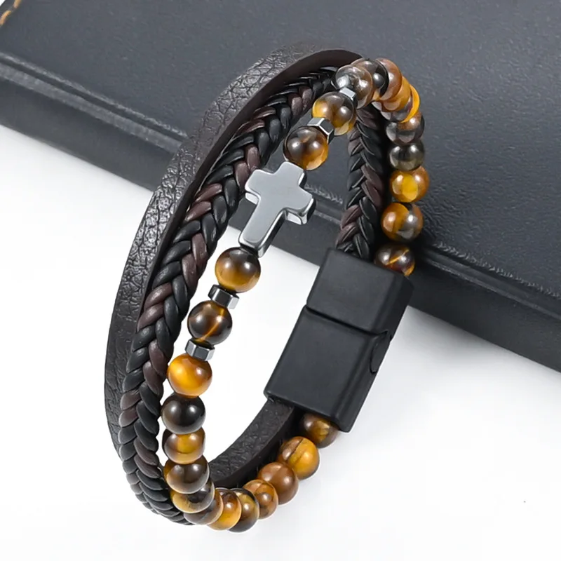 Vintage Multi-Layer Leather Bracelet Men Punk Cross Charm Tiger Eye Stone Beads Bracelet Fashion Braided Wrap Wristbands Jewelry