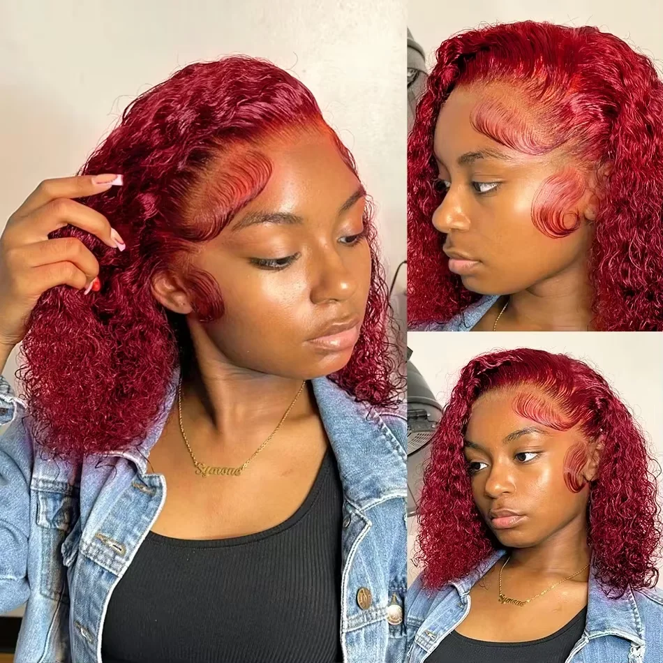 High Density 250% 13x4 Lace Front Wigs For Women 99j Burgundy Deep Curly Bob Wig 100% Human Hair Wine Red Color 99j Deep Wave Short Bob Wigs