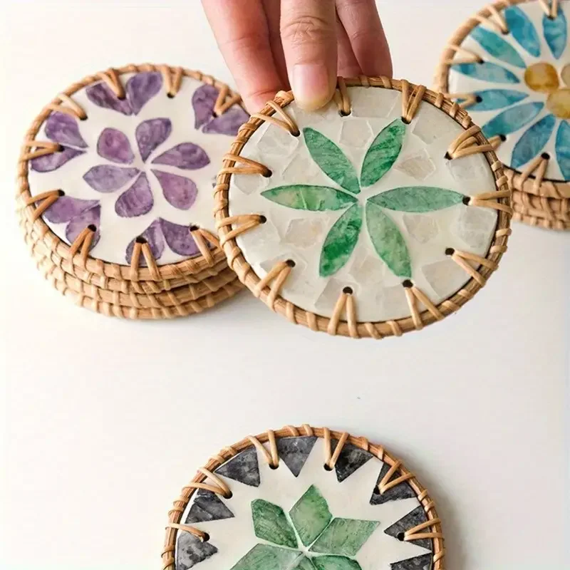 Colorful Rattan Coasters Featuring a Shell Design,  Protecting Surfaces from Heat And Moisture While Enjoying Tea Or Coffee