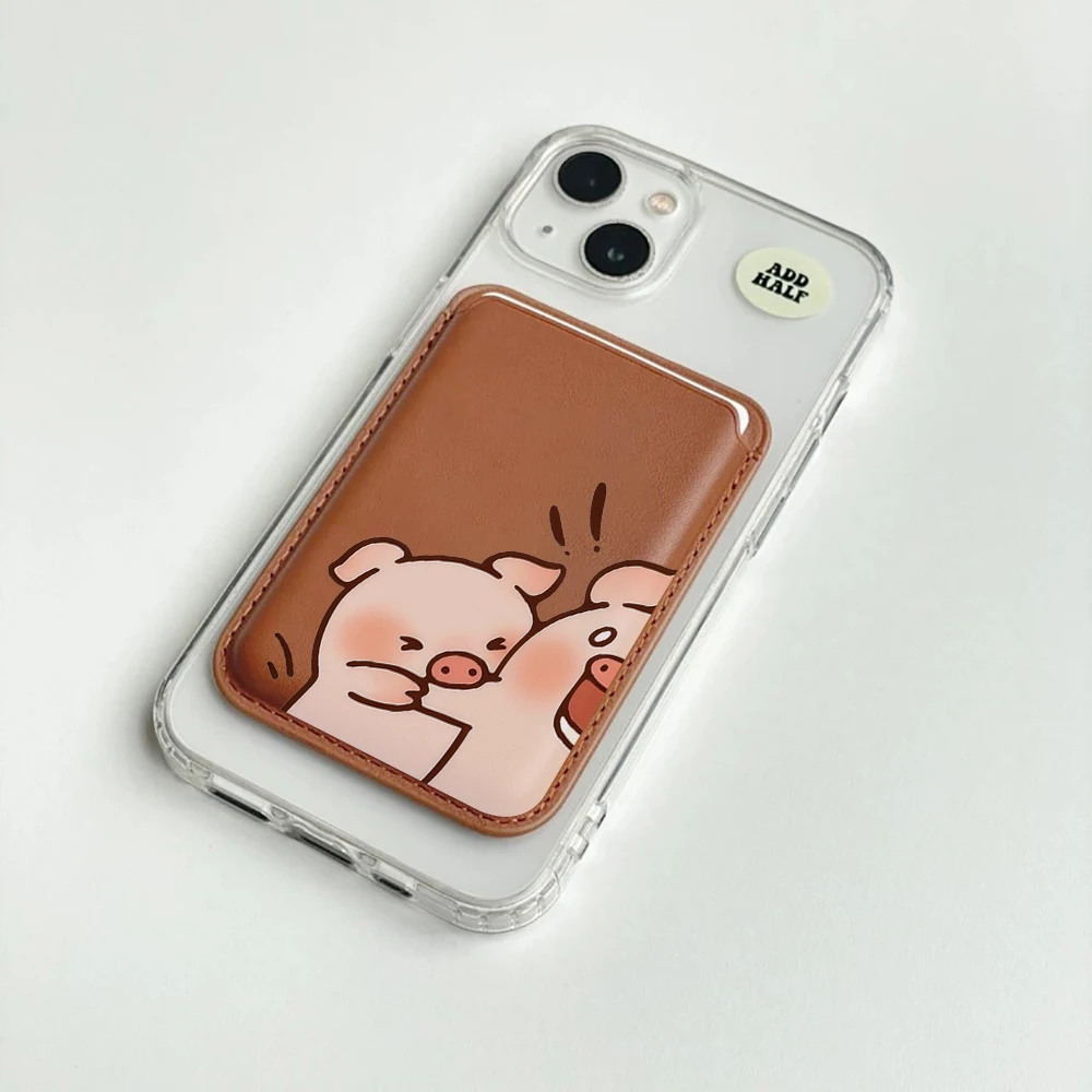 Leder-Kartenhalter mit Cartoon-Schweinchen-Motiv für Paare, Handy-Kartenhalter für Magnetische Hüllen, Geeignet für alle iPhone Magsafe Karten-Handy-Rückseiten-Taschen – Detail 2