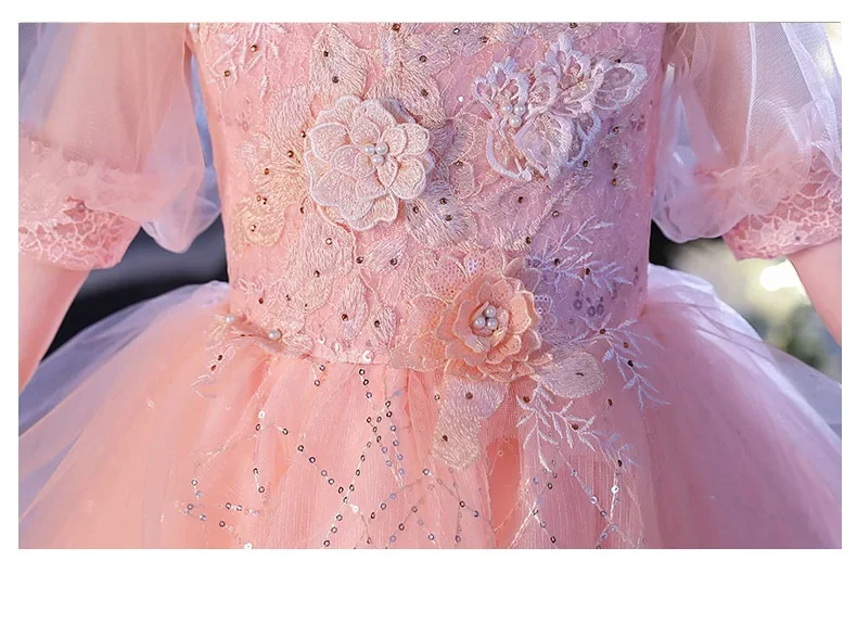 Kids Dresses For girls Party Wedding Long dress Sequins Beaded embroidery Children Pageant Gown Girls Princess pink Tulle Dress