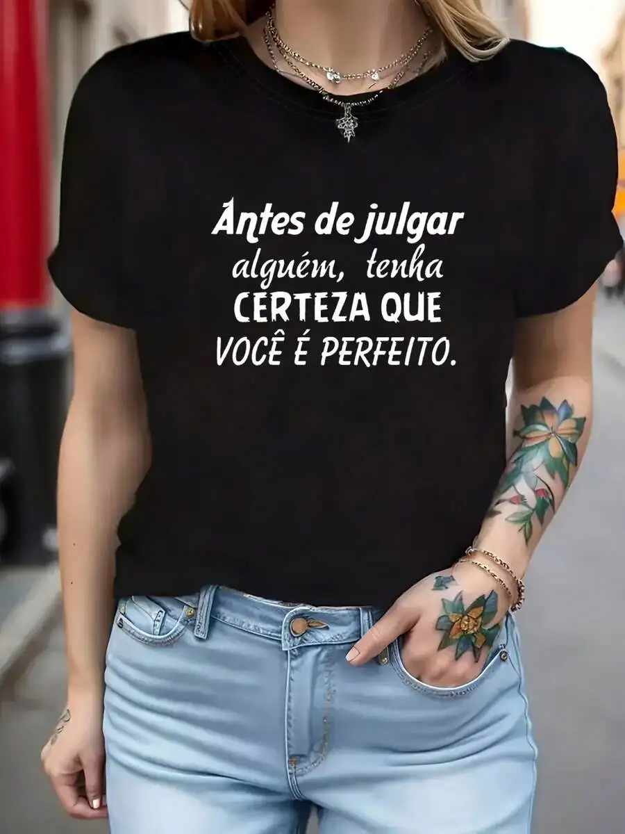Spring Summer Casual Letter Graphic Tee For Women Oversized Short Sleeve Crew Neck Portuguese Before Judging Someone Make Sure You're Design Daily Ladies Top