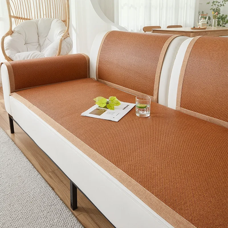 Summer New Chinese Style Ice Rattan Cooling Sofa Mat One Piece Non Slip Cool Feeling Straight Sofa Cover For Living Room Decor