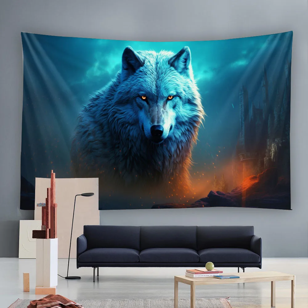 Wolf King Guardian Castle Tapestry - Forest Snow View Nordic Style Wall Hanging Cloth for Living Room Bedroom Decoration