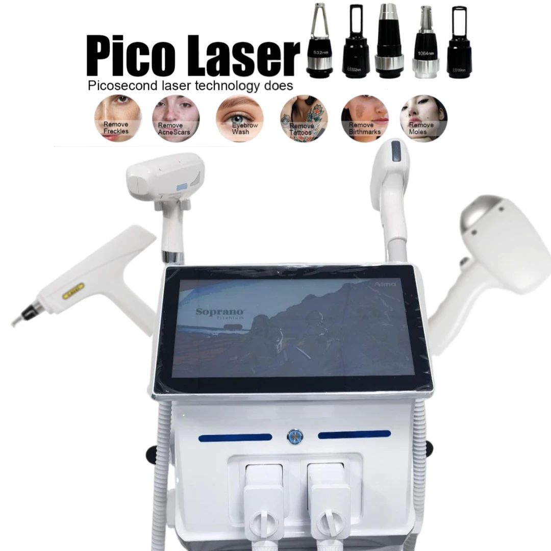 

Диодный лазер для удаления волос и пикосекундный лазер с импульсной шириной 500 пс, сапфировое охлаждение 0-10 ° Средство для удаления татуировок C для всех типов кожи I-VI, профессиональное