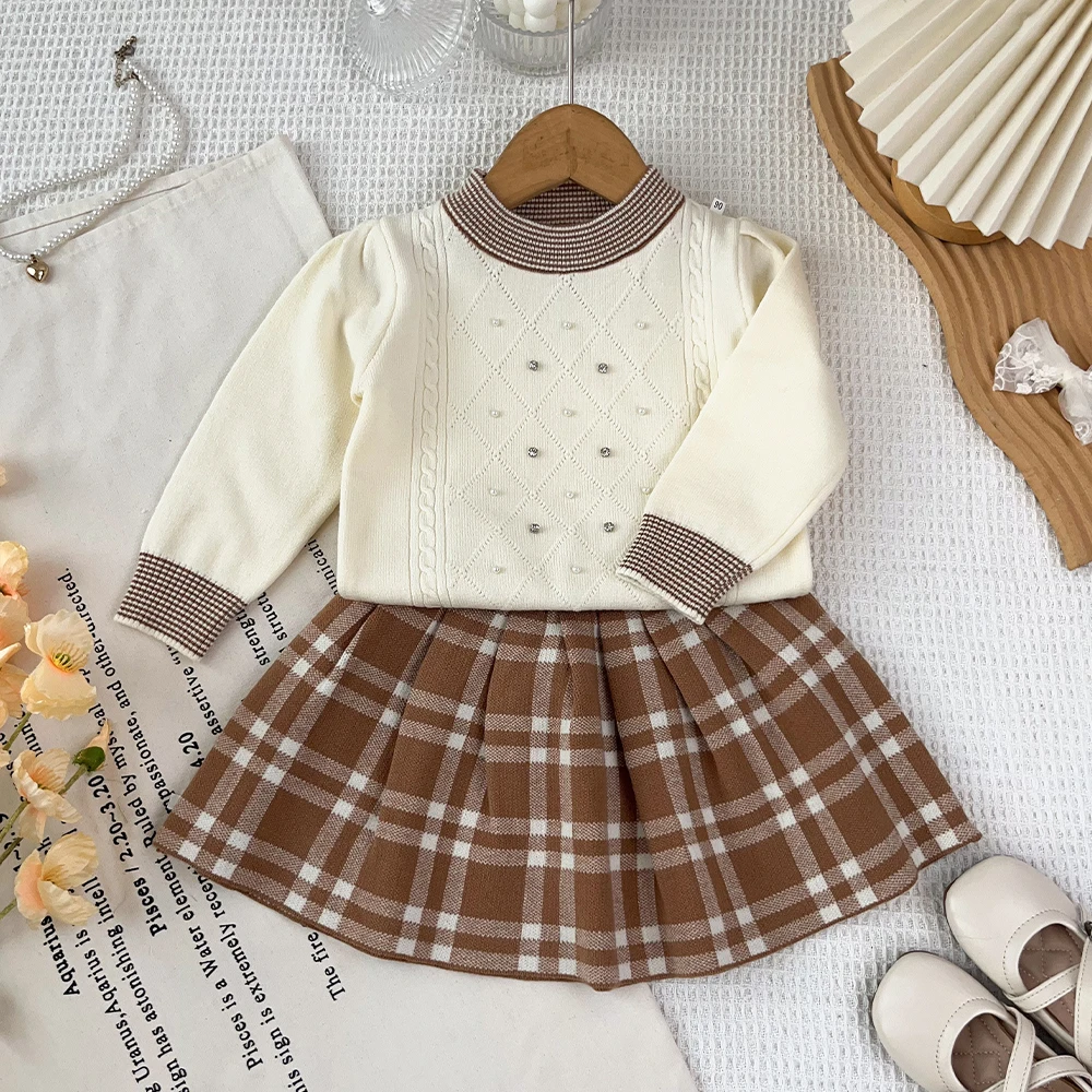 Autumn and Winter Preppy Style Girl Clothes Beaded Pullover Knit Top + Plaid Pleated Skirt 2Pcs Kids Preppy Knitted Outfit Set