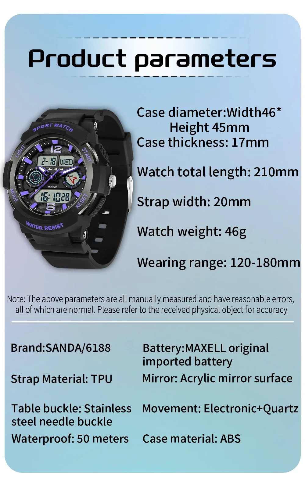 SANDA Top Explosive 6188 Women\'s Watch Outdoor Multi functional Student Fashion Sports Waterproof Women\'s Electronic Watch 2024