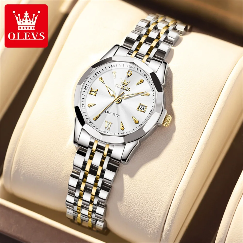 OLEVS 9998 Watch Woman Simple Calendar Quartz Watch For Women Rhombus Mirror Steel Strap Waterproof Business Ladies Wristwatch