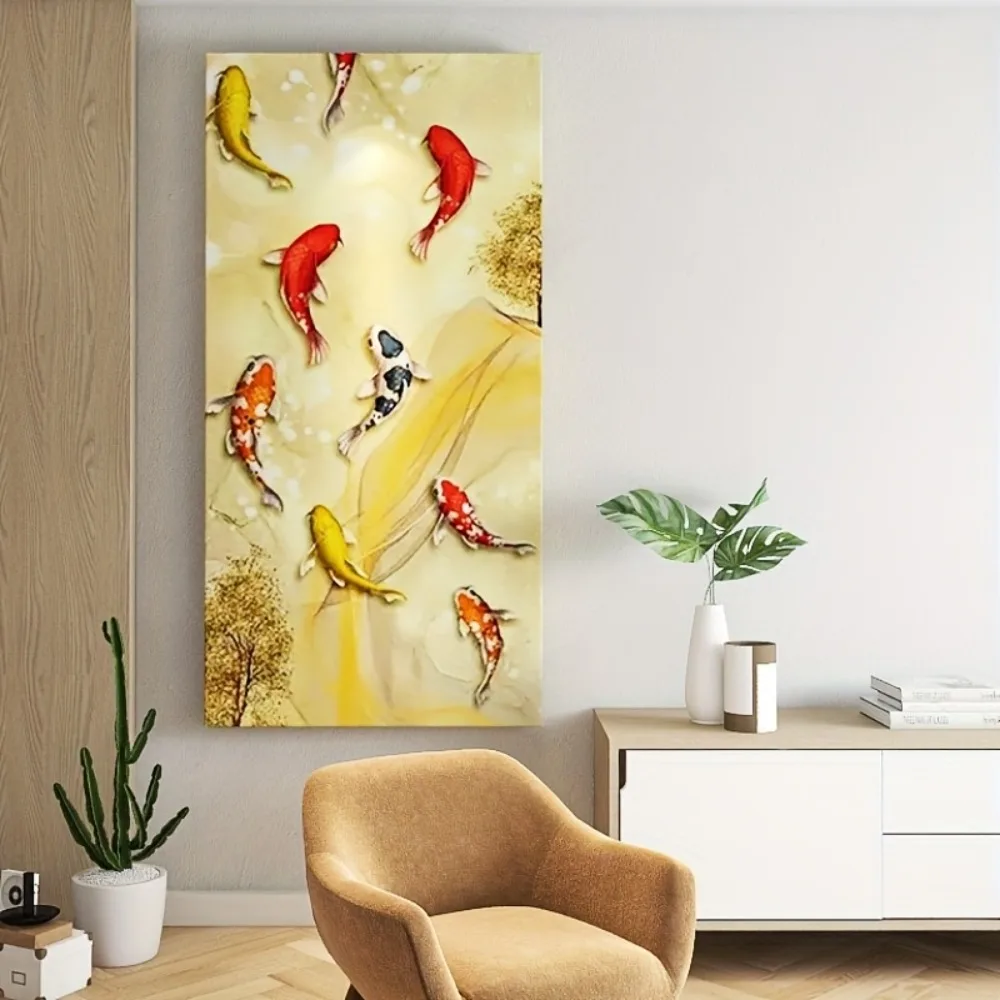 

Яркое холщовое настенное искусство с рыбой кои с золотой отделкой - 1,5-дюймовая рама из цельного дерева, современная абстрактная отделка