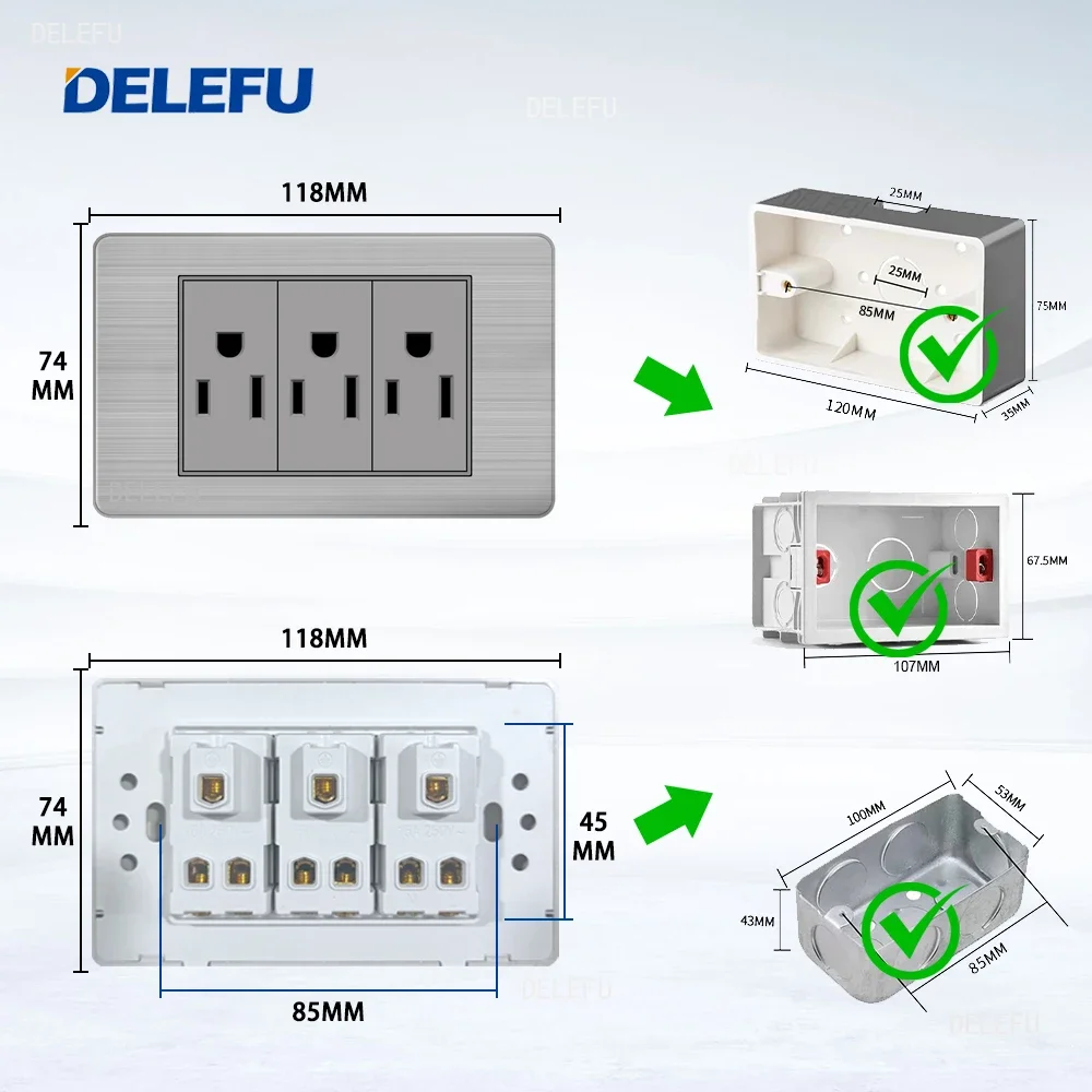 DELEFU Grey Stainless Steel Panel Mexico Standard Type C America Outlet Plug 118*72mm Wall Power Socket Light Switch