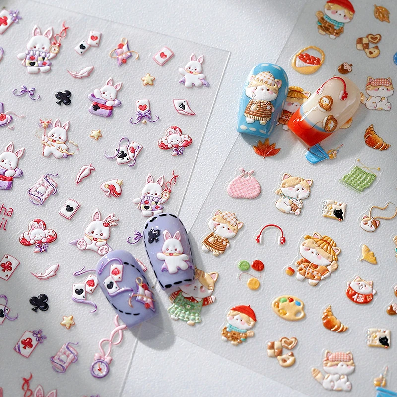 Poker Cards Star Feather Traveling Cat Paint Tray Food Rabbit Bunny Flower Bowknot Adhesive Nail Art Stickers Manicure Decals