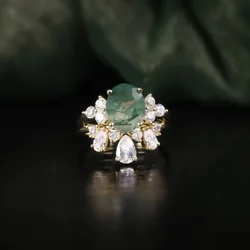 GEM'S BALLET Vintage Moss Agate Art Deco Milgrain Engagement Ring CUnique Curved Wedding Band Ring Set in 925 Sterling Silver
