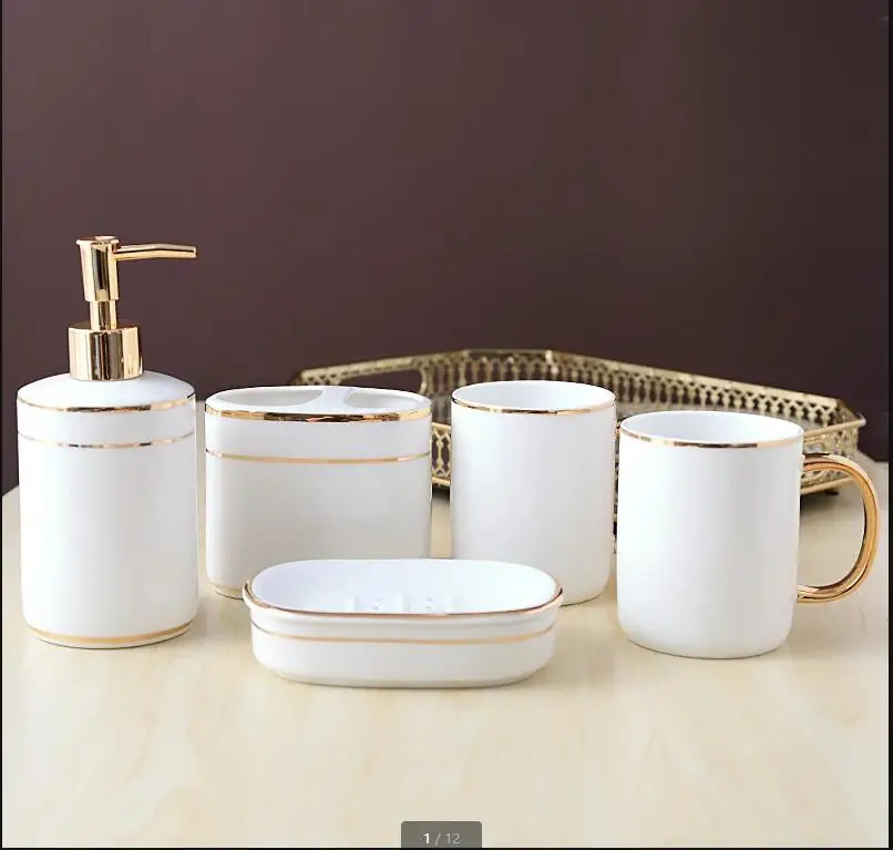 

Bathroom Set Golden Stripes Ceramic Toiletries Shower Gel Bottle Hand Washing Fluid Soap Dishes Portable Dispensers