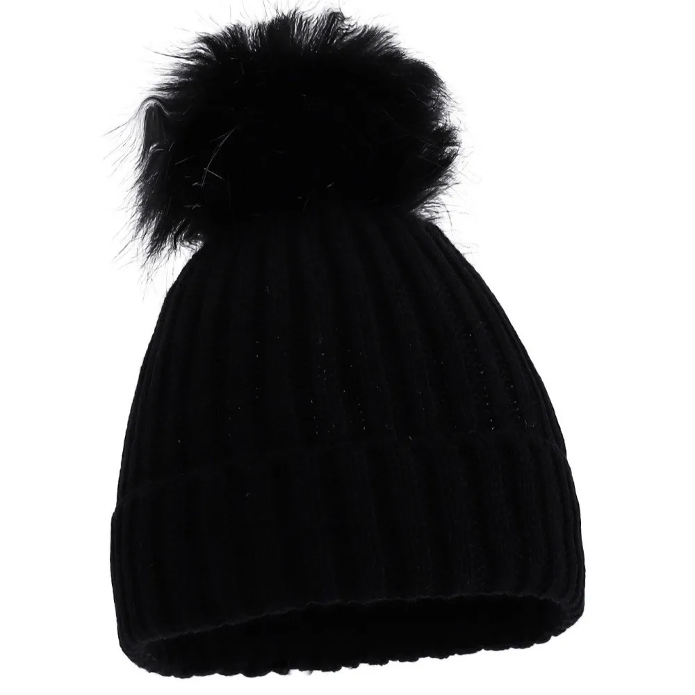 Solid Color Ribbed Knit Beanie Ribbed Knit Faux Fur Faux Fur Pom Beanie Single Pom Pom Windproof Thick Beanie Hat Cold Weather