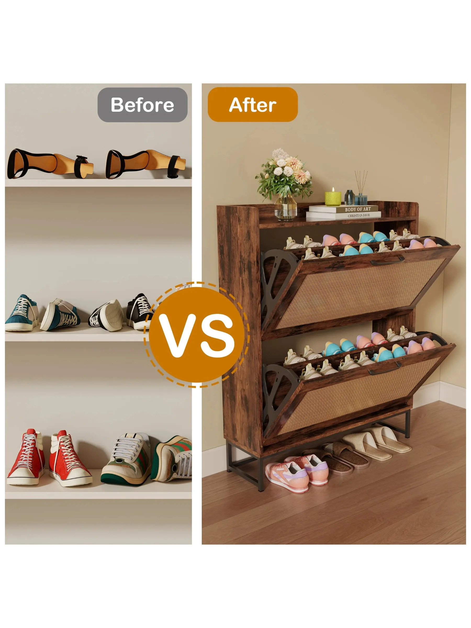 wooden Flip bucket shoe storage cabinet 2 flip drawers independent shoe rack ultra-thin storage cabinet for front door entrance