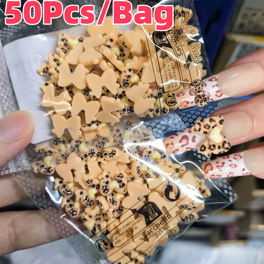 50 Stück 3D Leopardenmuster Schleife Nail Art Charms Herbst/Winter Maillard Style Bowtie Y2K Nägel Dekorationen DIY Haarnadel Maniküre Teil