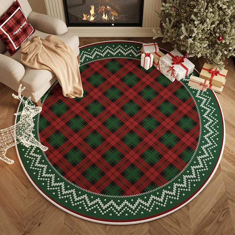 Plaid Christmas Round Rug – Festive Non-Slip Holiday Mat for Living Room, Kids Room & Entryway