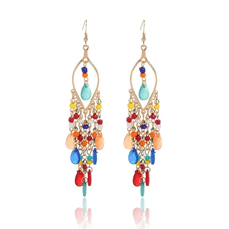 Boho-Ohrringe mit bunten, ethnischen Perlen für Damen, lange Ohrringe mit Kristallquasten, modischer Party-Schmuck für Mädchen – Detail 3