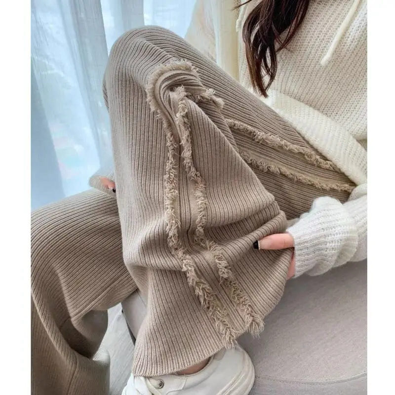 ขอบถักขากว้างฤดูใบไม้ร่วงฤดูหนาว Petite Draping Brushed กางเกงขาตรง