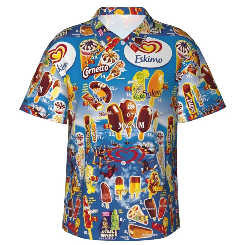 Fashion Ice Cream Poster Hawaiian Shirt Holiday 3D Printed Ice-Cream Vintage Menu Summer Beach Suit Button Down Shirts Clothes