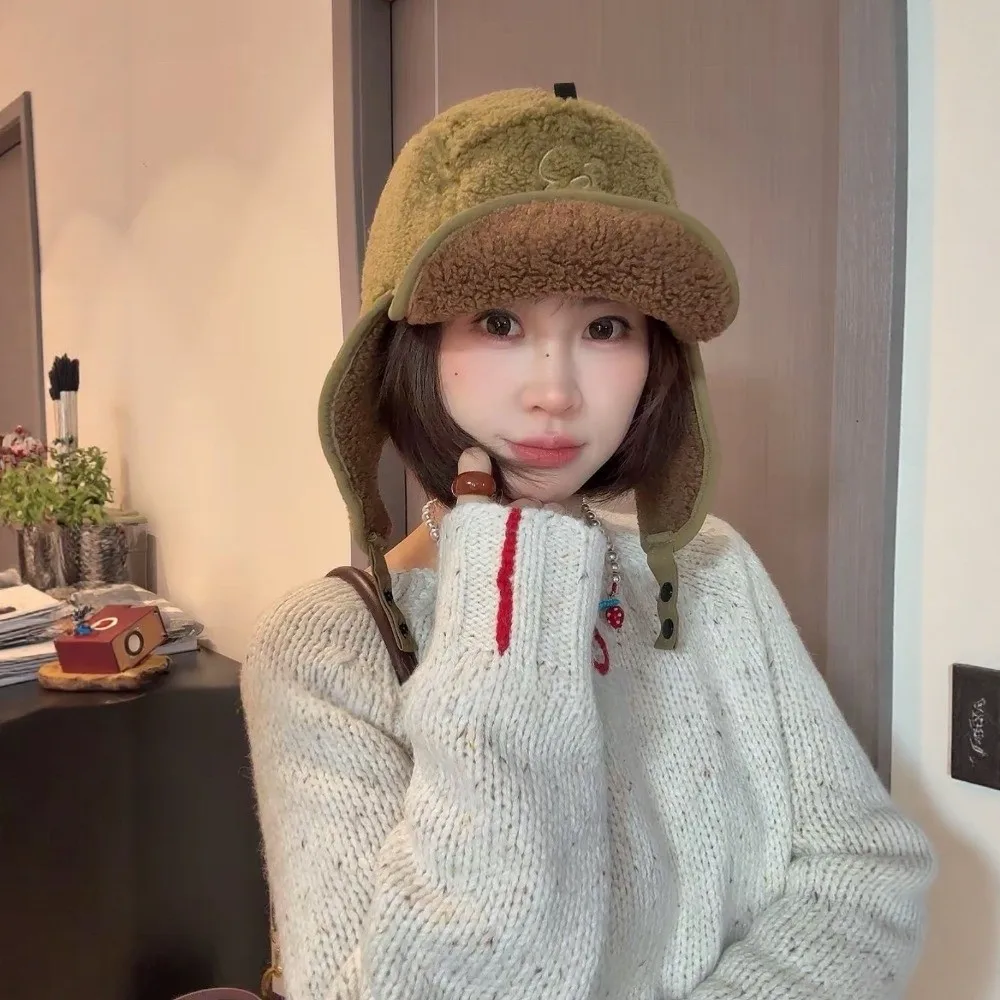 Autumn Winter Lamb Velvet Thunder Hat Flower Embroidered Lei Feng Hat Windproof Keep Warm Cold-proof Flying Hats Women Men