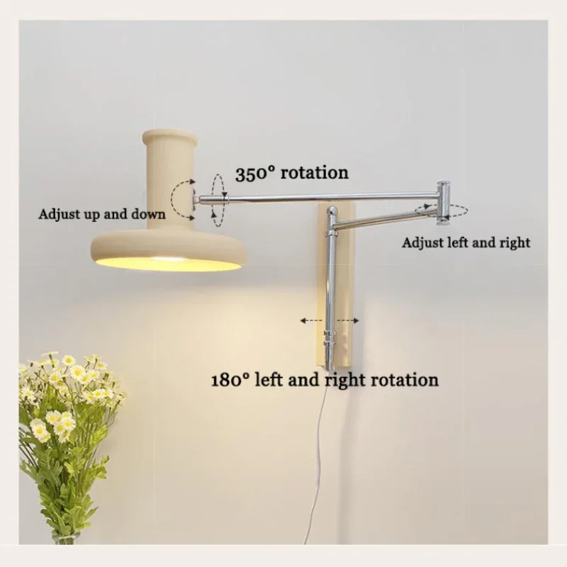 Nordic LED Wall Lamps Cream Color Long Arm Rocker Arm Lamp Simple Creative Bedroom Bedside Living Room Study Reading Wall Lights