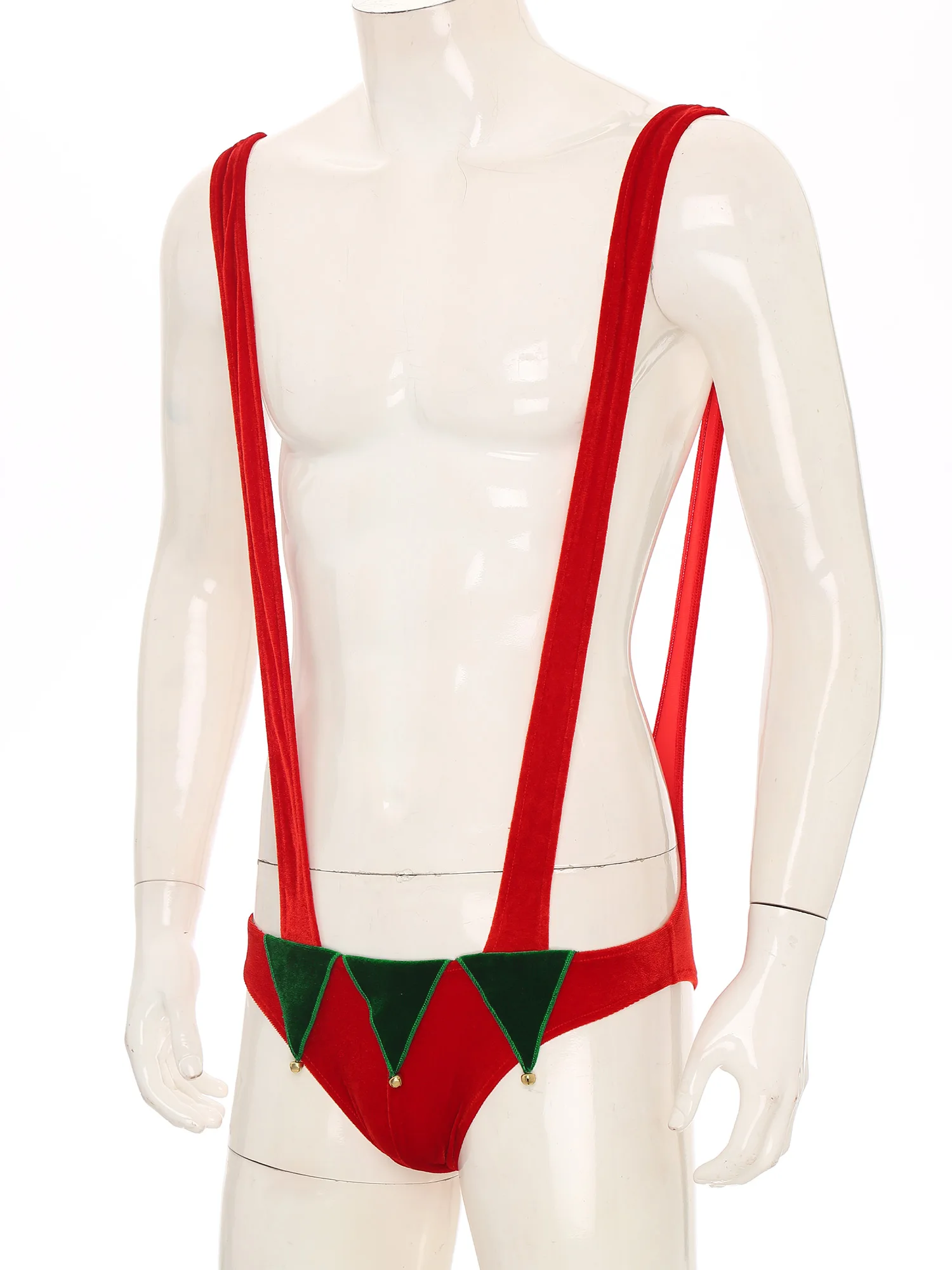 Mens Christmas Dress-up Costume Cosplay rosso e verde velluto Mankini Jagged Trim con campane Sexy Sling Underwear maschile Xmas Lingerie