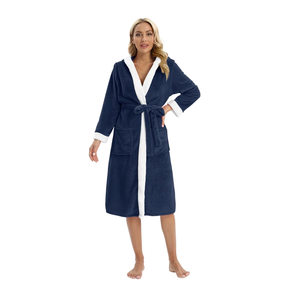 Bathrobes For Women Soft Flannel Robes With  Pocket Splicing Hooded Long Sleeve Thickening Bandage Home Clothes