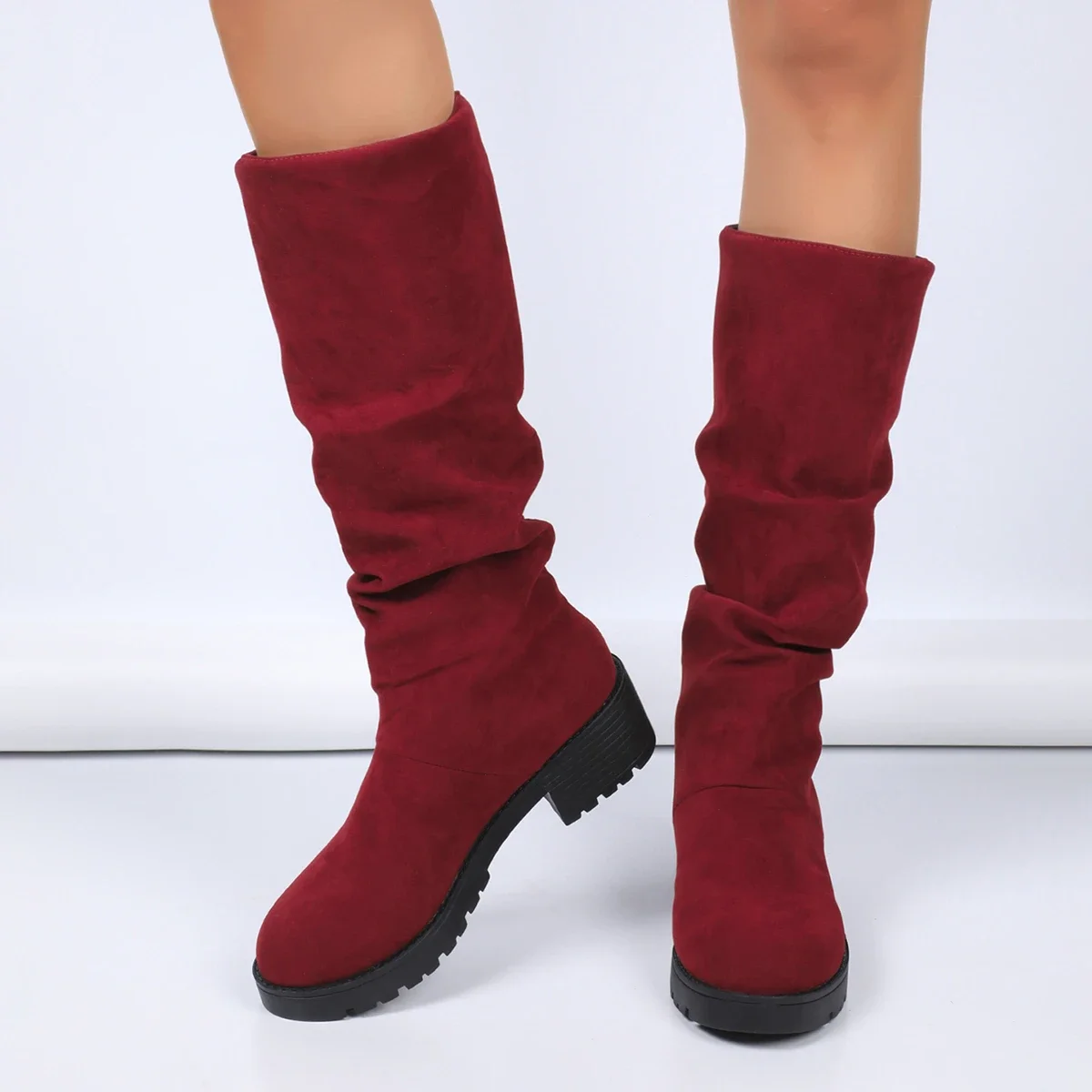 Botas de invierno sexis y elegantes de Color sólido de tubo medio, botas de montar antideslizantes y resistentes al desgaste para mujer a la moda y cómodas