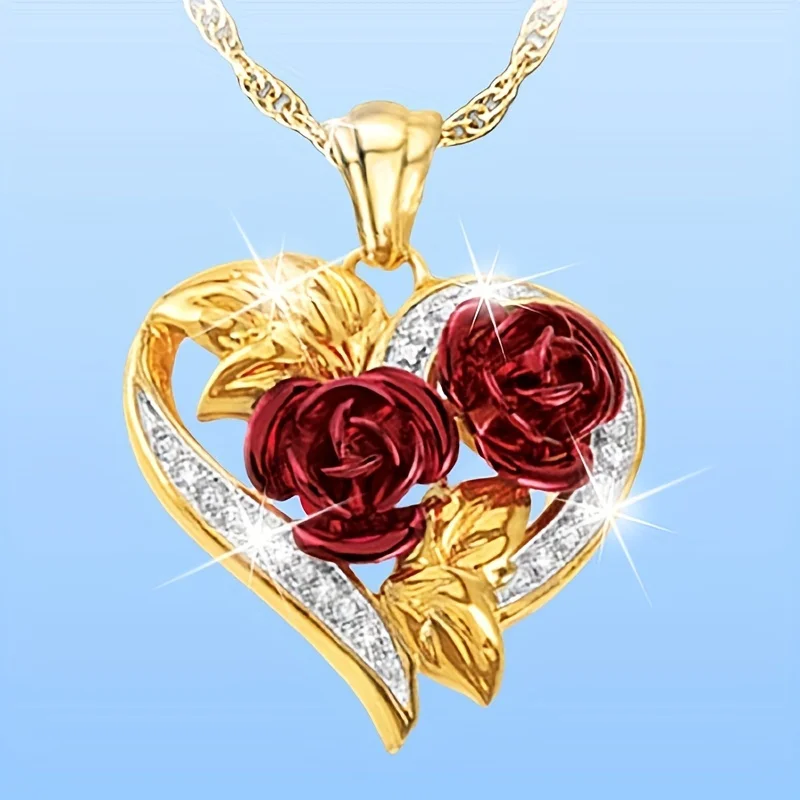 Chic Elegant Gold-Plated Rose Heart Pendant with Rhinestones – Perfect Gift for Her, Ideal for Any Occasionniche Style,Exquisite