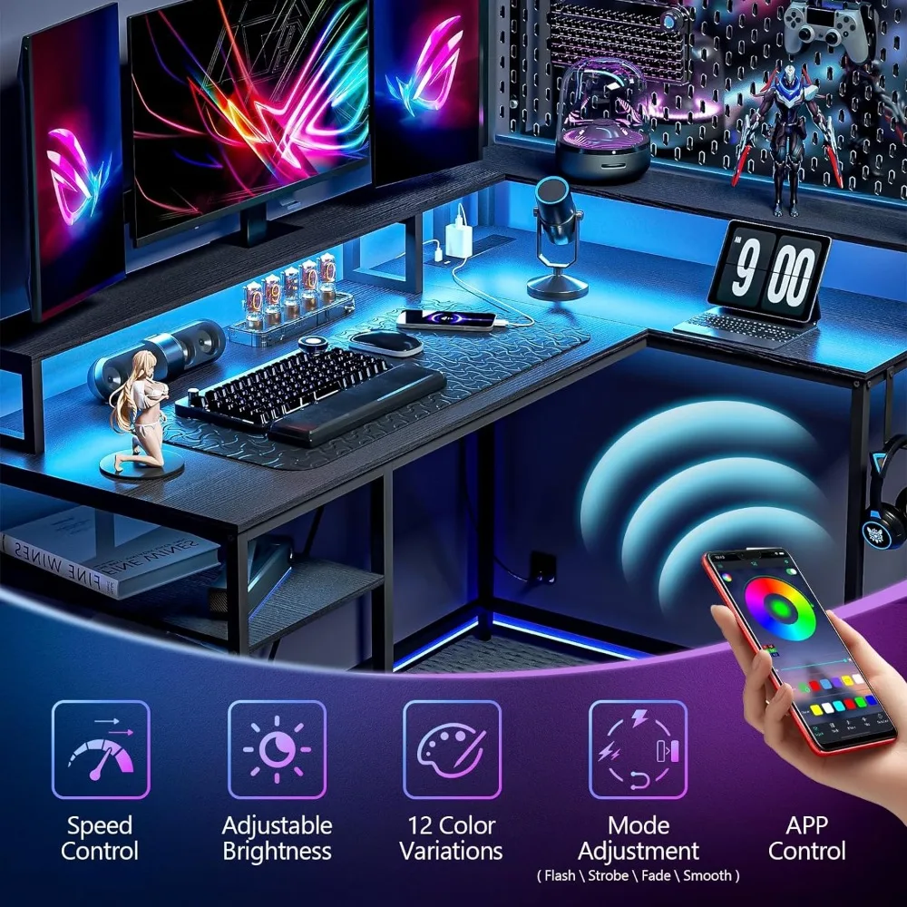 Computador Gaming Desk com luzes LED e Tomadas, Home Office Console Desk