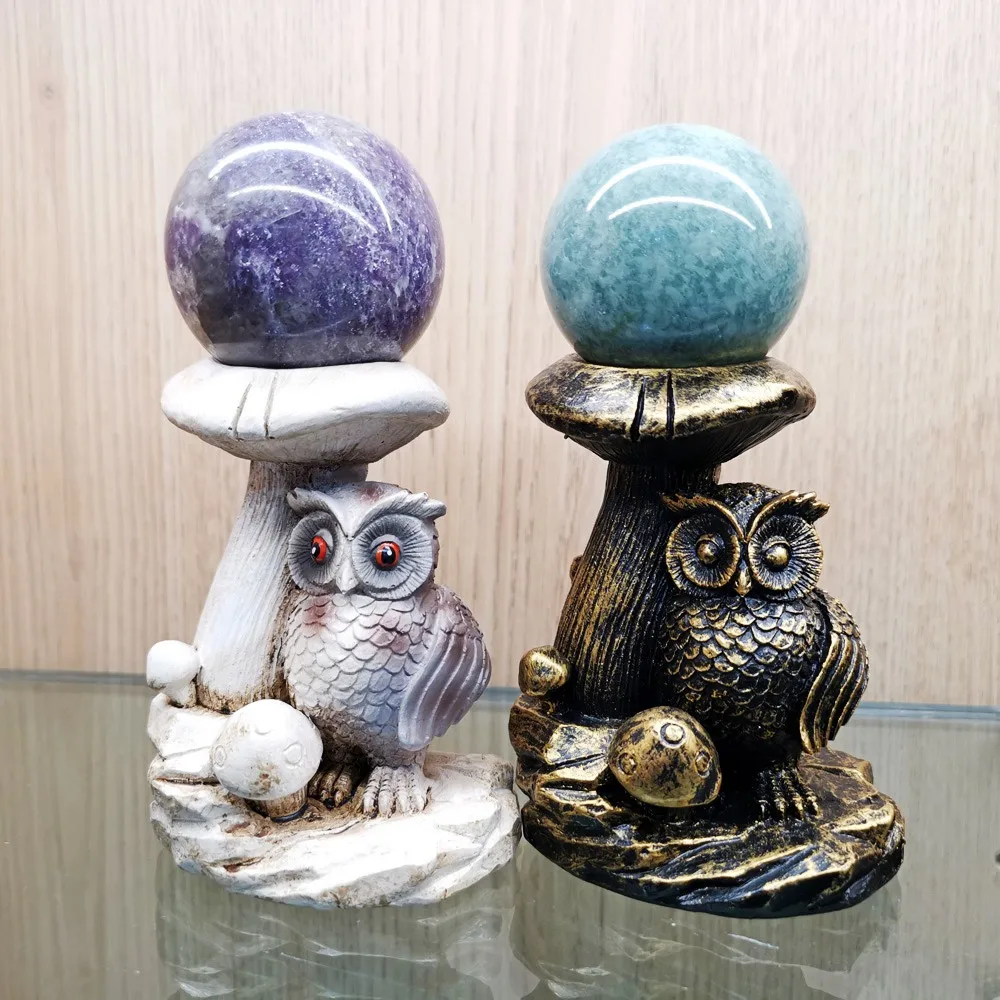 

Owl Mushroom Statue Resin Ball Holder, Creative Ornaments, Crystal Sphere Stand, Display Base, Home and Office Decor