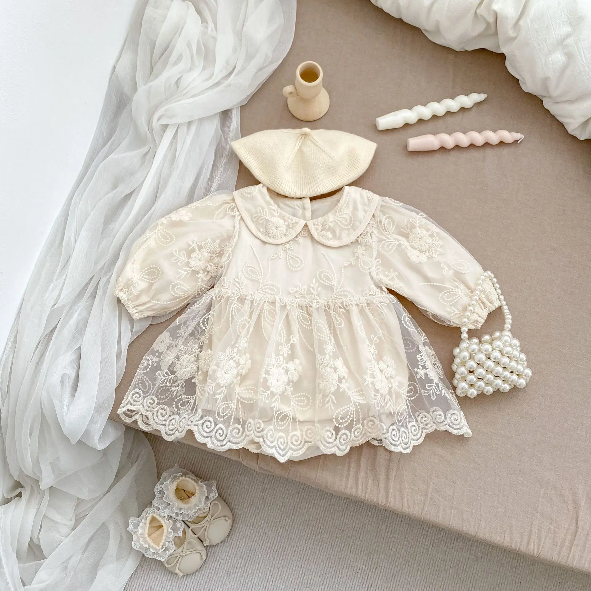 

2024 Autumn New Baby Girl Cute Sweet Princess Bodysuit Infant Girls Lapel Embroidery Gauze Dress Birthday Party Jumpsuit 0-24M