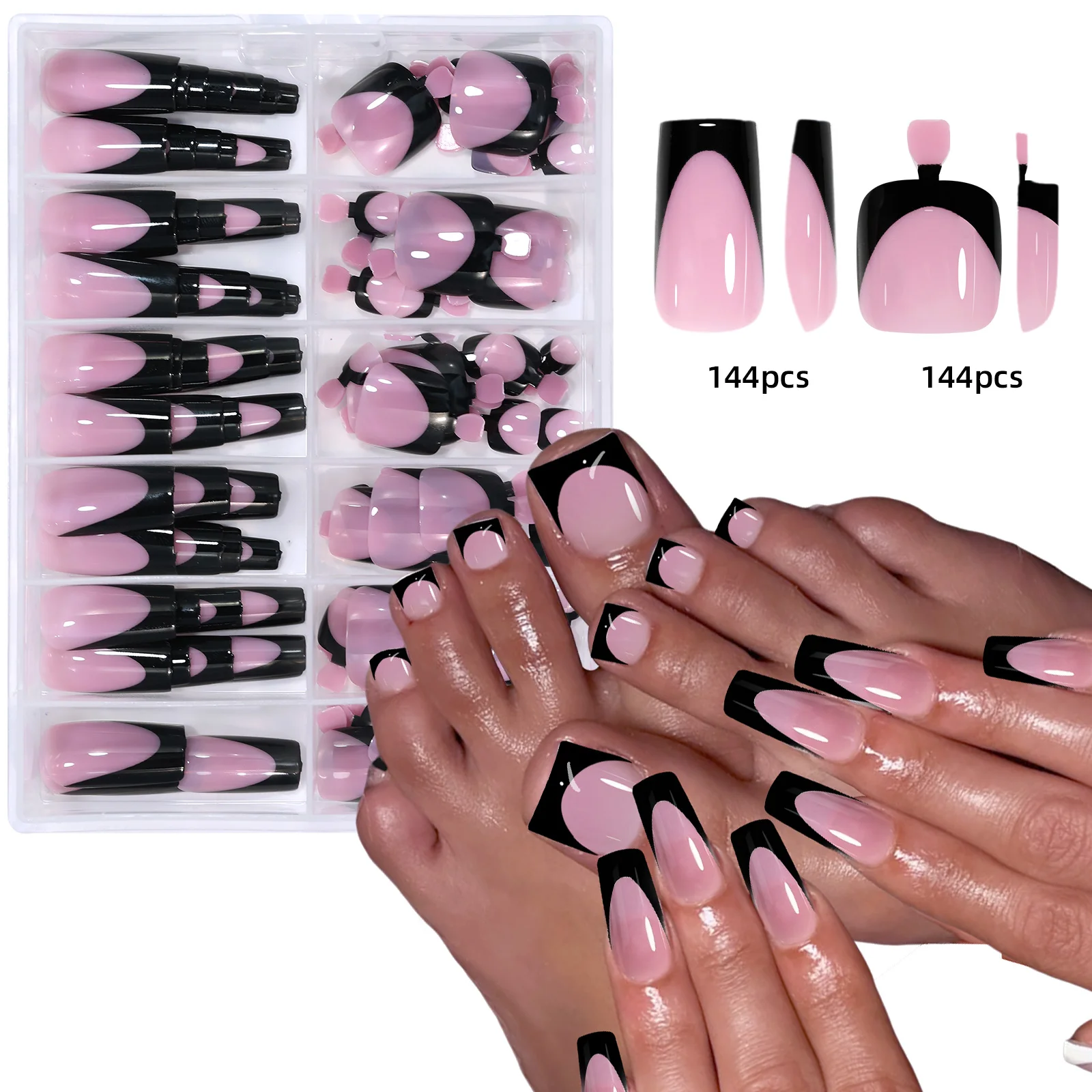 144-teiliges französisches Hand- und Fußnagel-Set, Sommer, kurze, quadratische, glänzende künstliche Zehennägel, Acryl, vollständige Abdeckung, geeignet für Nagelstudios – Detail 11