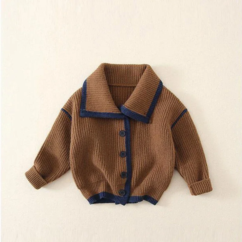 Autumn Sailor Baby Coat Cute Navy Large Lapel Knitted Cardigan Single Breasted Infant Boys Solid Cotton Toddler Sweater Winter