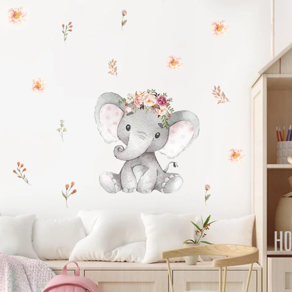 

Cartoon Elephant Floral Botanical Watercolor Wall Decals Nursery Removable Vinyl Watercolor Wall Decals Kids Room Home Decor