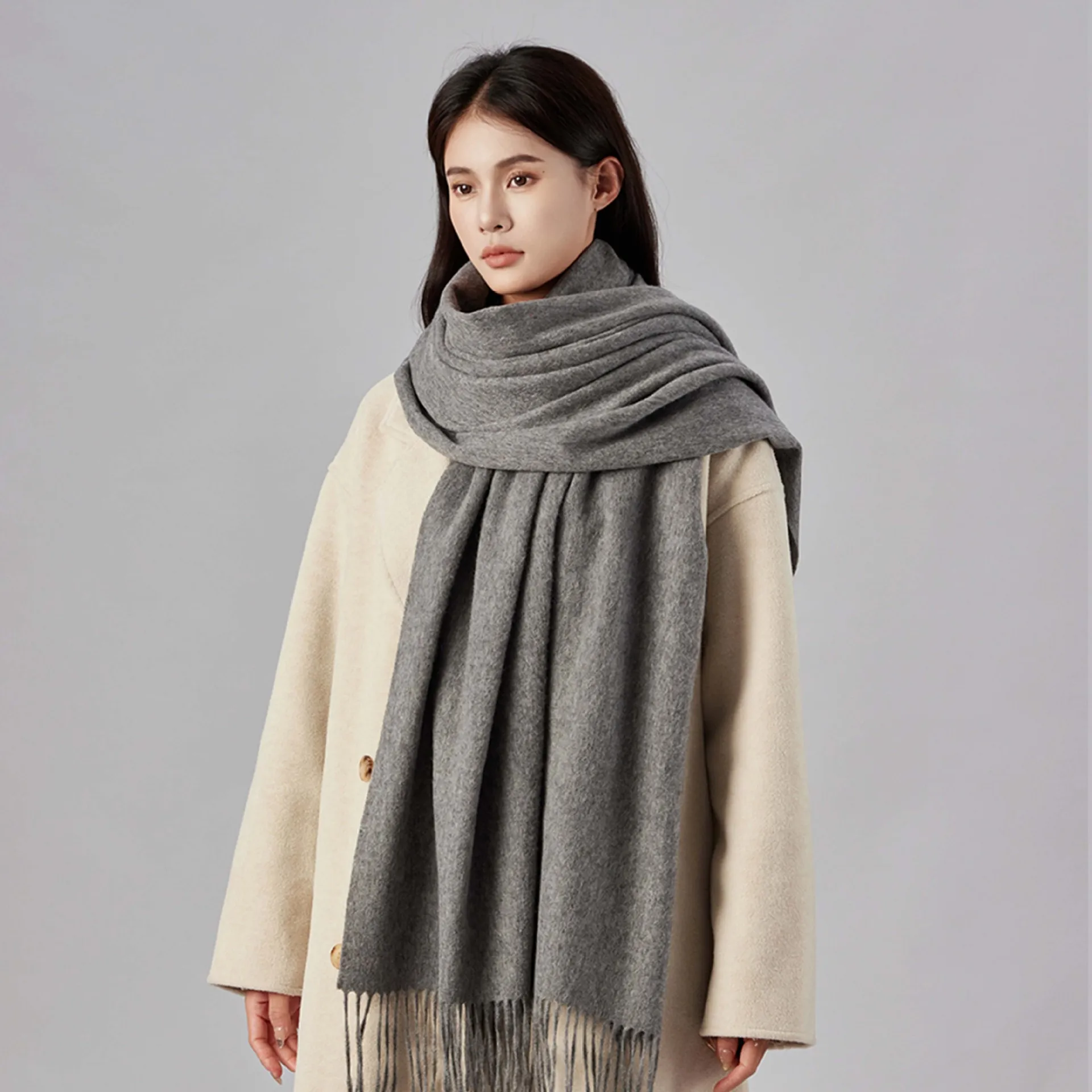 Solid color 100% oversized shawl wool scarf for girls, high-end feeling, men\'s versatile warm autumn and winter scarf