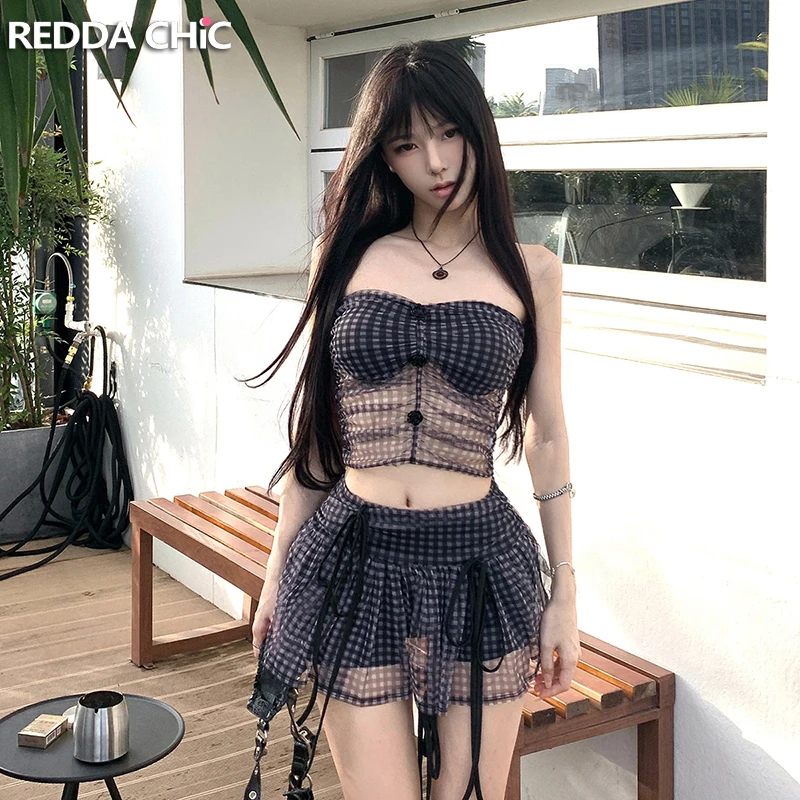 ReddaChic Black Plaid Crop Top Pleated Skirt Set Women Sheer Mesh Buttoned Corset Top Strappy Mini Skirt Skorts Vintage Clothes