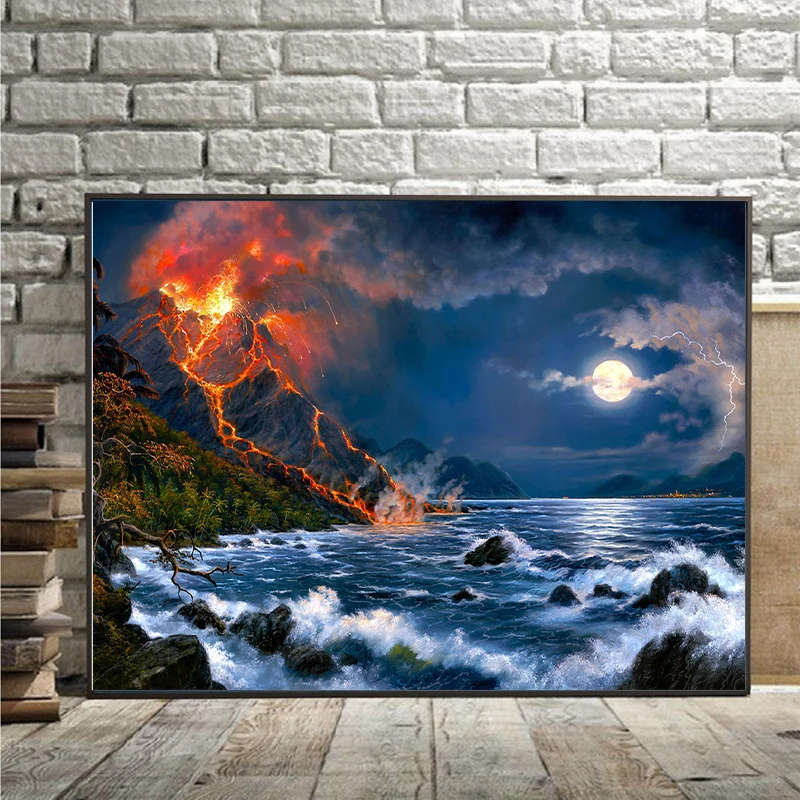 

5d Diamond Painting Volcano Eruption Diamond Cross Embroidery Seaside View At Night DIY Diamond Mosaic Home Decoration