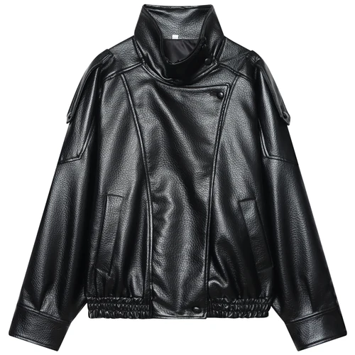 Imagen 2 del producto HXAO, chaquetas negras de piel sintética para mujer, recién llegado, chaqueta Bomber recortada de gran tamaño, abrigos de manga larga con cremallera, chaquetas de motocicleta