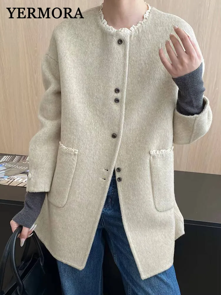 

YERMORA Women's Kahki Button Breif Woolen Coat Lace O-Neck Long Sleeve Loose New Short Overcoat Fashion Tide Autumn Winter 2025