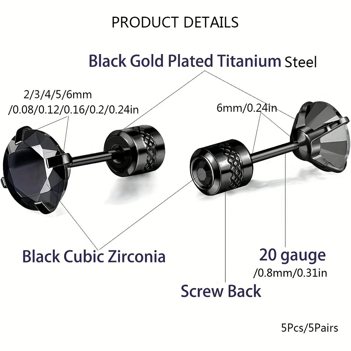 2 Stück Mode Edelstahl kubischen Zerkonia geprägten Muster Schraub ohrringe, flache Rückseite Knorpel Helix Ohr Piercing Schmuck – Detail 5