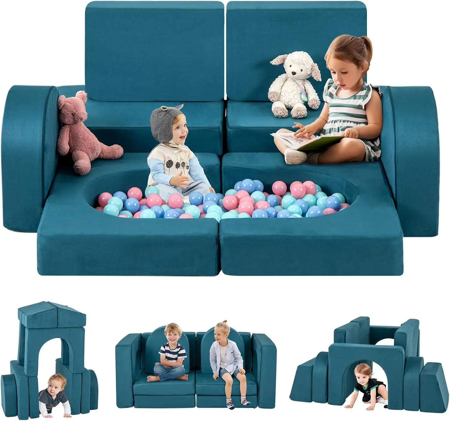 Modular Kids Play Couch, 8 PCS Toddler Creative Sectional Fort Building Sofa for Playroom, Bedroom, Children Convertible