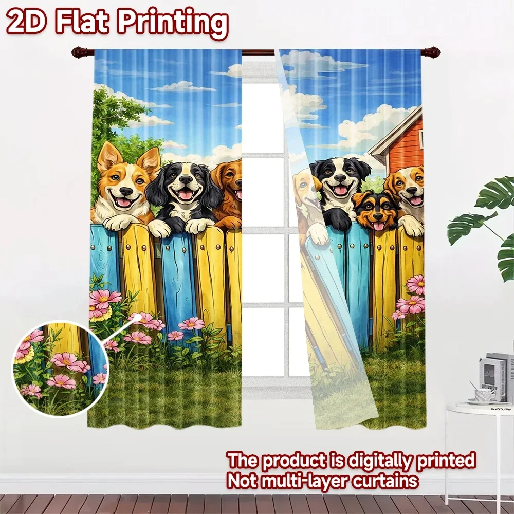 Cute Cartoon Dog Family Picket Fence Curtains Window Drapes Whimsical Animal Print Blinds for Living Room Bedroom Home Decor Dec