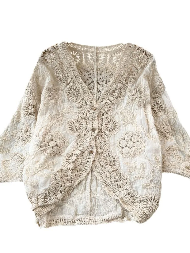 2026 Spring and Summer Women New Korean Version V-neck Lace Hook Retro Hollow Lace Sweet Foreign Cardigan Jacket Female Top