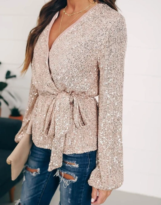 Women Top Casual Glitter Sequin Shiny Deep V Neck Long Lantern Sleeves Sashes Spring Casual Blouse Tops Loose Pullover Outdoor